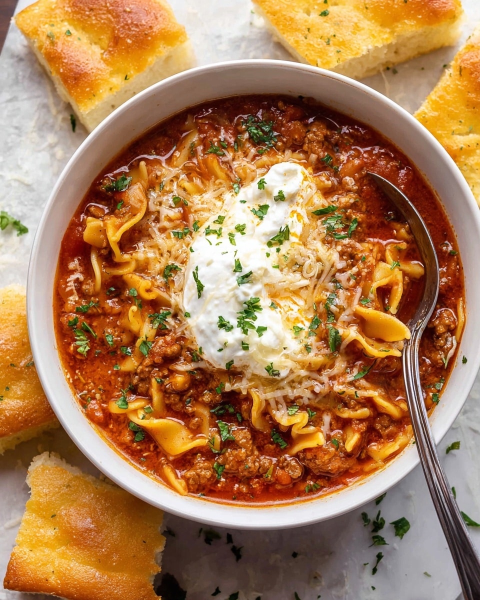 A white bowl filled with a thick, rich lasagna soup showing three visible layers: a base of red tomato broth mixed with ground meat and short, wavy-edged pasta, topped with a white dollop of ricotta cheese and melted shredded mozzarella, sprinkled with green chopped parsley for garnish. A silver spoon rests inside the bowl on the right side. Around the bowl are four square pieces of golden, fluffy focaccia bread, set on a white marbled textured surface. photo taken with an iphone --ar 4:5 --v 7