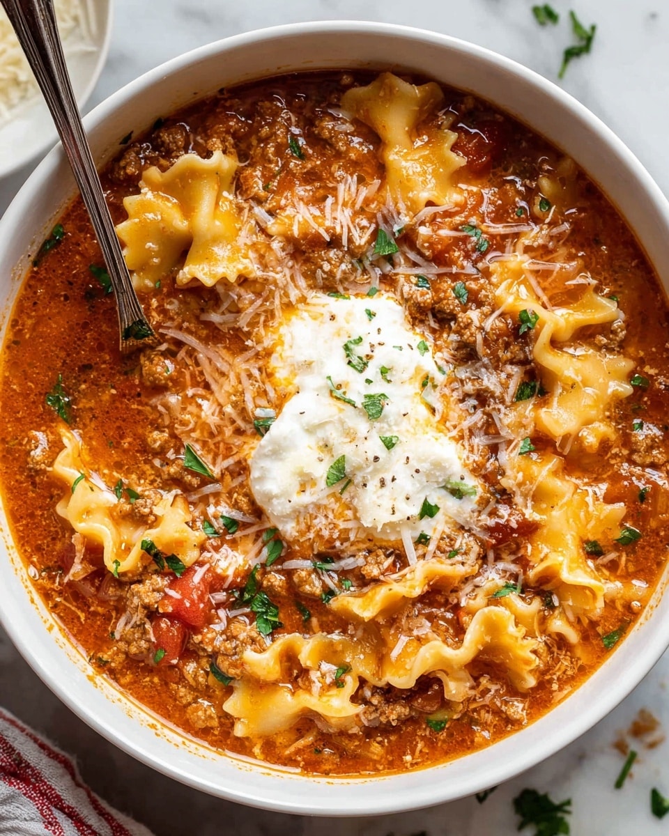 A white bowl filled with a thick, hearty lasagna soup has visible ruffled pasta layers mixed with a reddish-brown meat and tomato broth. The top center of the soup features a dollop of white, creamy cheese, sprinkled with shredded cheese and small green herb bits. The soup shows textures of ground meat, tomato pieces, and soft pasta sheets. A metal spoon rests inside the bowl on the left side, partially submerged in the soup. The bowl is placed on a white marbled surface with some scattered cheese and small green herbs nearby. photo taken with an iphone --ar 4:5 --v 7