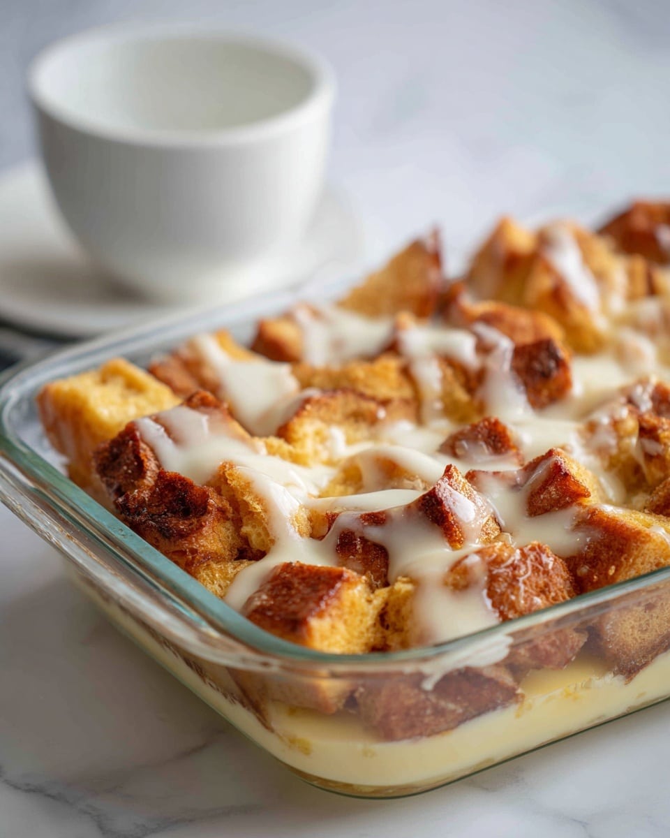 A square piece of golden-brown baked pudding with a soft, slightly bumpy texture sits in the center of a white plate, covered generously with creamy, smooth, beige sauce that drips down its sides pooling around the base. The pudding has a moist, slightly uneven surface with visible baked edges that are darker and caramelized. A silver fork rests on the left side of the plate, partially visible. The plate is set against a white marbled surface, with a blurred white bowl in the background. photo taken with an iphone --ar 4:5 --v 7