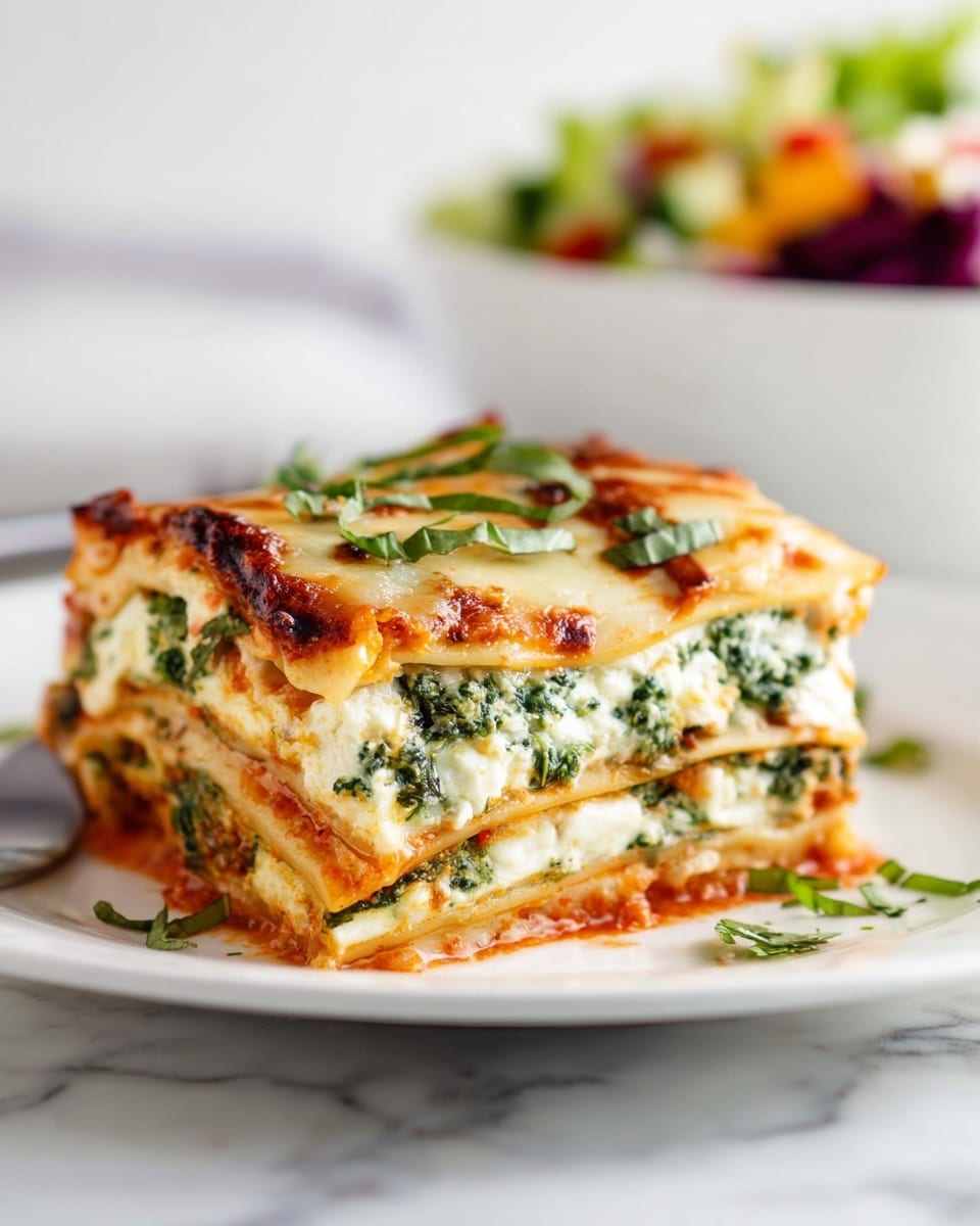 A close-up of a piece of lasagna with four visible layers on a white plate, placed on a white marbled surface. The bottom layer is a smooth, light orange-red tomato sauce with some greens mixed in. Above that is a thick white cheese and spinach mixture with green leaves spread throughout. The third layer is another smooth light orange-red sauce, topped again with the white cheese and spinach blend. The top layer is golden brown melted cheese with small browned spots and sprinkled with sliced fresh green basil leaves. In the background, there is a blurred white bowl with a colorful salad inside. photo taken with an iphone --ar 4:5 --v 7