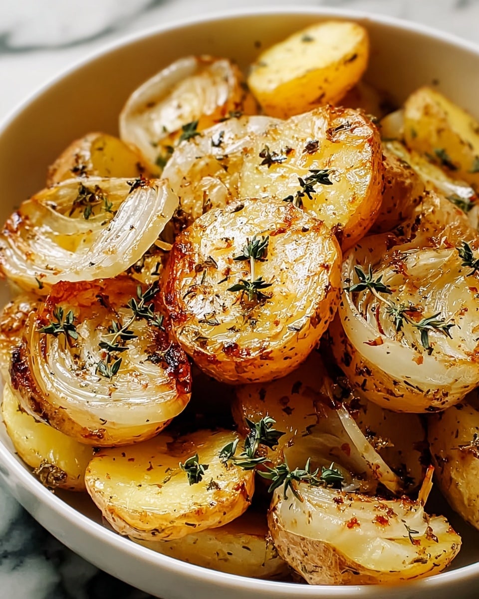 The image shows a white bowl filled with several layers of roasted potato halves. The potato pieces have a golden-brown, crispy skin with soft, pale yellow insides. Each potato half is speckled with roasted onion slices that appear translucent and caramelized. There are small green herb sprigs, likely thyme, scattered evenly on top, adding a touch of color and texture. The potatoes look shiny with a coating of oil and seasoning, giving them a glossy appearance. The bowl sits on a white marbled surface. photo taken with an iphone --ar 4:5 --v 7