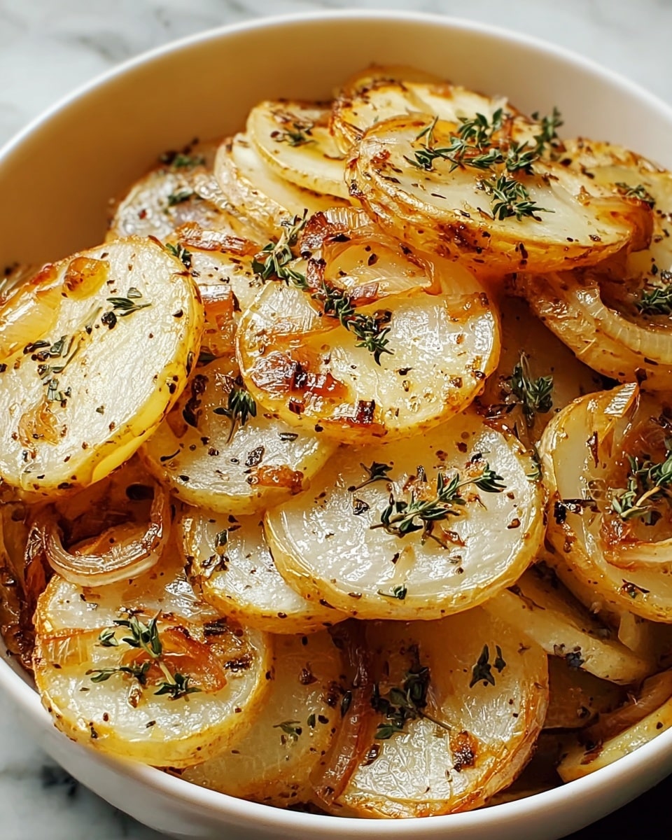 A white bowl filled with several layers of roasted potato slices that are golden brown on the edges and soft white inside, each slice sprinkled with small pieces of caramelized onion and green thyme leaves scattered on top, the potatoes showing a shiny, oily texture with some black pepper and herbs spread evenly. The bowl sits on a white marbled texture surface. photo taken with an iphone --ar 4:5 --v 7