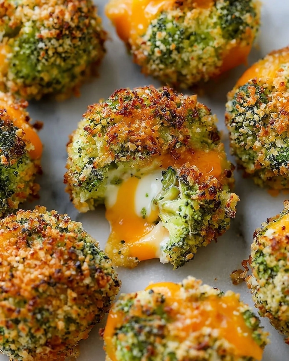 The image shows several round broccoli bites arranged closely together on a white marbled surface. Each bite has three visible layers: the outermost layer is finely chopped green broccoli mixed with golden toasted breadcrumbs creating a crunchy texture; beneath this is a melted, gooey layer of bright orange cheddar cheese that oozes slightly; the innermost layer is creamy, white cheese that adds softness and contrast. One bite is bitten into, revealing the gooey cheese layers inside. The colors are vibrant with green, orange, and golden brown tones highlighting the crispy and melted textures. Photo taken with an iphone --ar 4:5 --v 7
