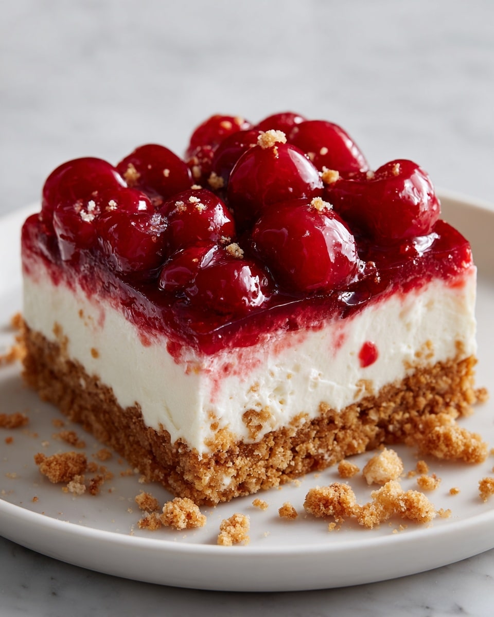A square slice of cherry dessert is shown on a white plate, placed on a white marbled surface. The dessert has three clear layers: the bottom layer is a crumbly, golden brown crust with small chunks and a rough texture; the middle layer is a thick, creamy, white filling that looks smooth and fluffy; the top layer is a glossy red cherry topping, with whole cherries sitting close together in bright red syrup. Crumbs are scattered around the plate, adding a rustic touch. photo taken with an iphone --ar 4:5 --v 7