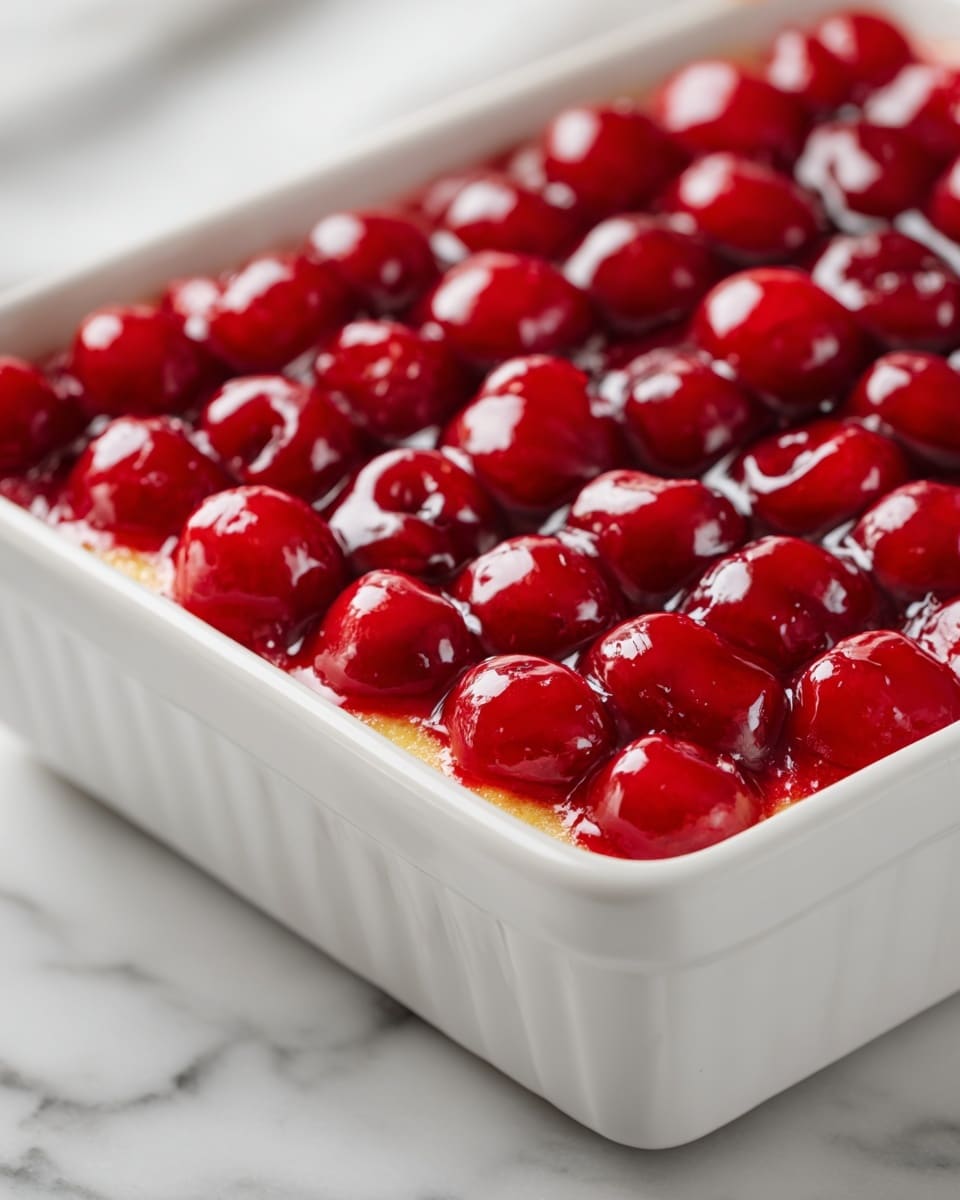 A white rectangular dish filled with a cherry dessert, the top layer is bright red whole cherries covered in a shiny glaze that makes them look juicy and fresh. Underneath the cherries, you can see a soft, golden-yellow cake layer peeking through the edges but mostly hidden. The dish is placed on a white marbled surface, giving it a clean and fresh look. photo taken with an iphone --ar 4:5 --v 7