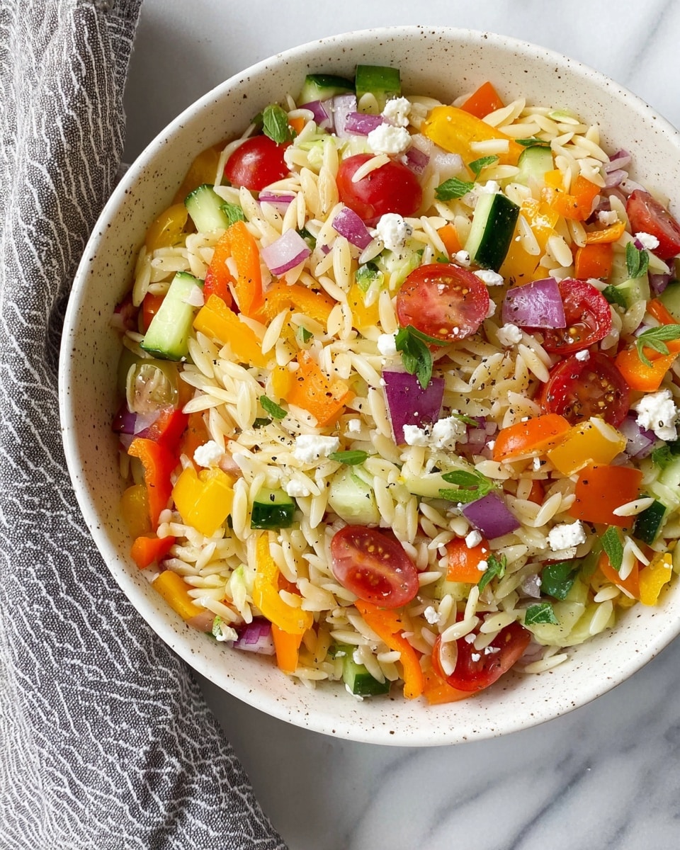 A white speckled bowl filled with a colorful orzo salad on a white marbled surface with a gray and white striped cloth nearby, the salad has three main layers: a base layer of small, pale yellow orzo pasta, mixed with a middle layer of diced vegetables including bright orange bell peppers, yellow bell peppers, green cucumbers, chopped red onions, and halved red cherry tomatoes, topped with scattered small pieces of white crumbled feta cheese and some green herb leaves, lightly sprinkled with black pepper. photo taken with an iphone --ar 4:5 --v 7