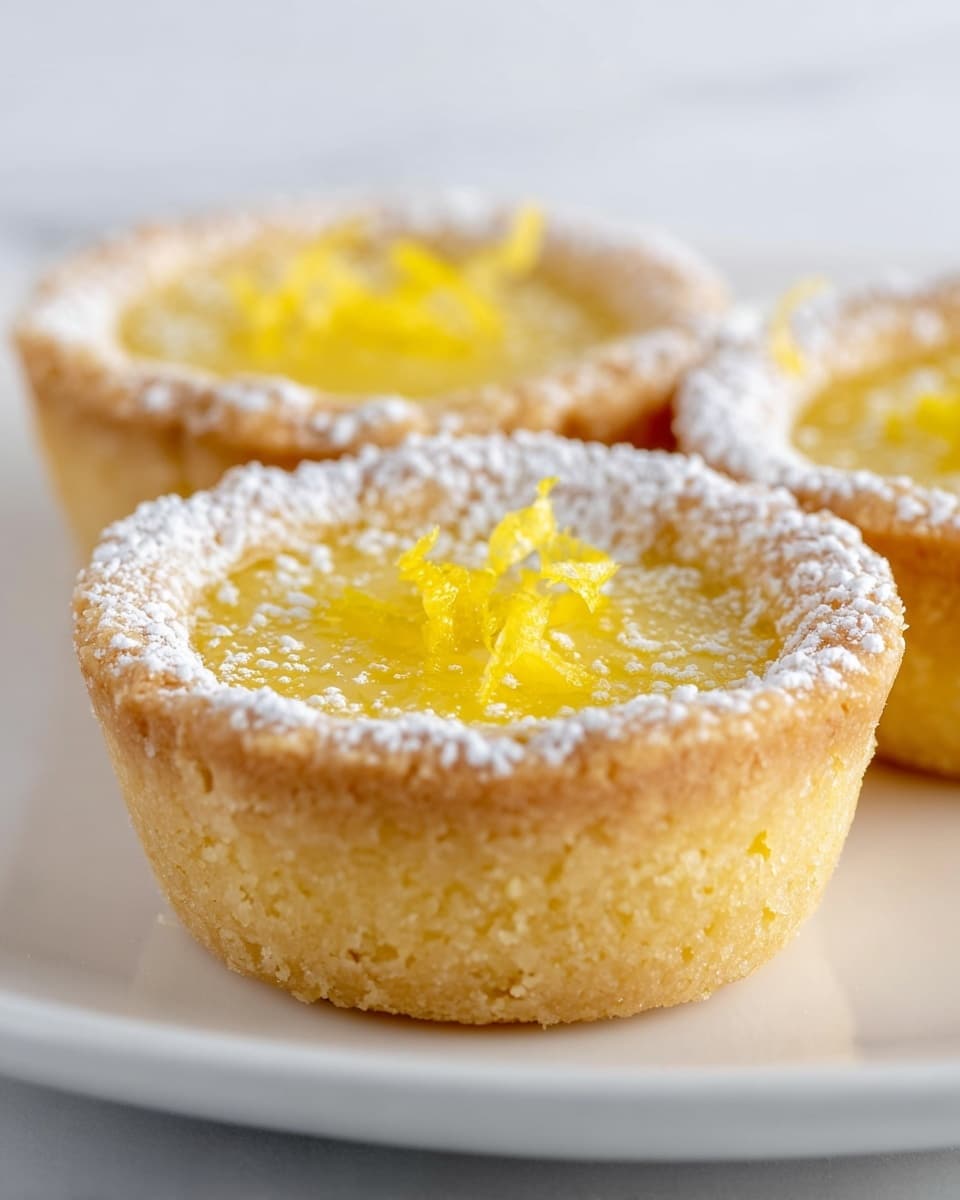 A close-up view of several small tartlets arranged on a white marbled surface, each with one layer of crumbly light golden crust forming the base and sides, filled with a smooth, glossy yellow lemon filling that is dusted evenly with fine white powdered sugar on top, creating a textured contrast. The tartlets are round with slightly rough edges, and the focus is on one tartlet in the front while others softly blur into the background. Photo taken with an iphone --ar 4:5 --v 7