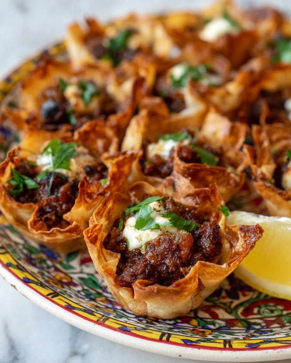 The image shows small baked cups made of thin, golden-brown crispy pastry with slightly curled edges. Inside each cup, there is a rich, dark brown meat filling with a textured, slightly charred surface, topped with a small dollop of white sauce or cheese and garnished with chopped green herbs. The cups are arranged closely together on a white plate with colorful, intricate patterns around the edge, resting on a white marbled surface. A wedge of lemon is visible on the side, adding a fresh touch. photo taken with an iphone --ar 4:5 --v 7