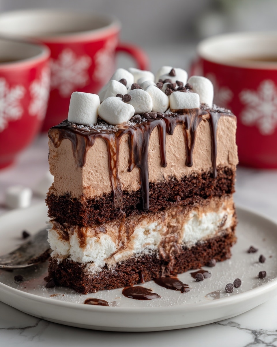 The image shows a rich chocolate cake slice on a white plate, set against a white marbled surface. The cake has three main layers: a dark, moist chocolate base with bits of white marshmallow inside, a middle layer of light brown, creamy frosting, and a top layer of smooth chocolate mousse. The chocolate mousse layer is decorated with a drizzle of dark chocolate sauce, small white marshmallows, and tiny chocolate chips scattered on top and around the plate. The cake slice has a bite taken out of it, showing the soft texture inside. In the background, there are blurred red cups with white snowflake patterns. photo taken with an iphone --ar 4:5 --v 7