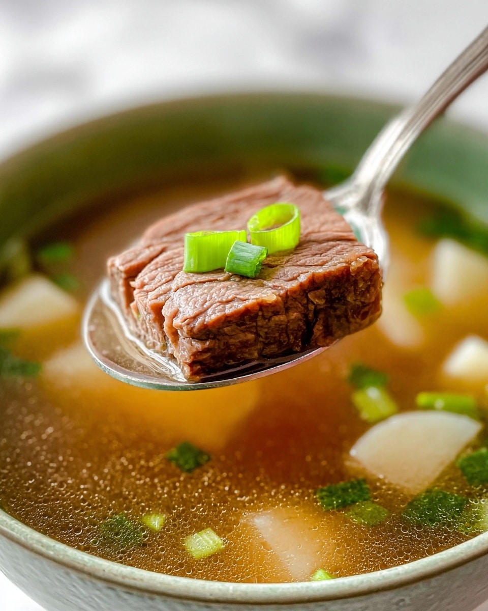 The image shows a bowl of clear brown soup with a greenish texture on the outside, sitting on a white marbled surface. In the front, a silver spoon lifts a square piece of cooked beef, softly textured, brown with slight marbling, topped with a small piece of bright green chopped scallion. Inside the soup, there are visible white potato slices and floating chopped green scallions, all immersed in a transparent, golden-brown broth that looks warm and lightly oily. The focus is sharp on the spoon and beef, with the background softly blurred. photo taken with an iphone --ar 4:5 --v 7