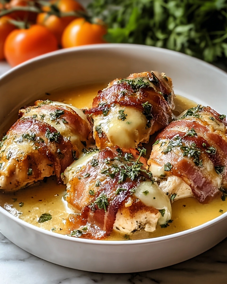 A white bowl holds four pieces of cooked chicken breasts, each wrapped with a crisp, browned bacon strip on top. Underneath the bacon, melted pale yellow cheese covers part of each chicken piece, and the chicken itself is light brown and grilled. Fresh green herbs are sprinkled over the chicken and bacon, adding texture and color contrast. A light, glossy sauce pools at the bottom of the bowl, giving a rich and moist look to the dish. The background shows a white marbled surface with some blurred green leaves and orange tomatoes. photo taken with an iphone --ar 4:5 --v 7