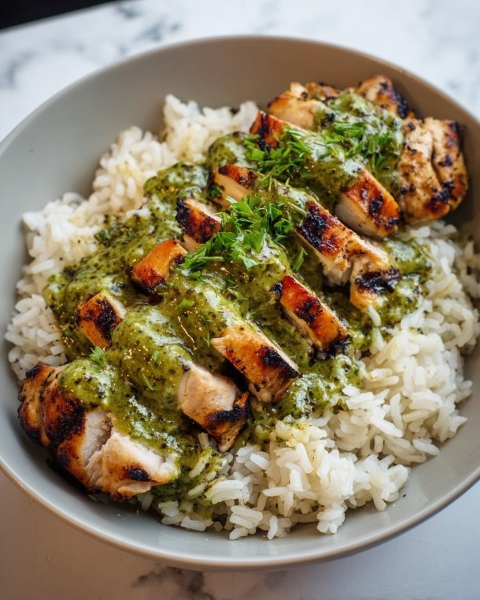 The image shows a white bowl filled with a bed of cooked white rice, which looks soft and fluffy with a slightly uneven texture. On top of the rice, there are several pieces of grilled chicken arranged in a row, each piece showing golden-brown grill marks and a slightly charred look. A thick green sauce with visible herbs is generously drizzled over the chicken, adding color contrast. Some small green herb leaves are scattered on top of the sauce for garnish. The bowl is set on a white marbled surface. photo taken with an iphone --ar 4:5 --v 7
