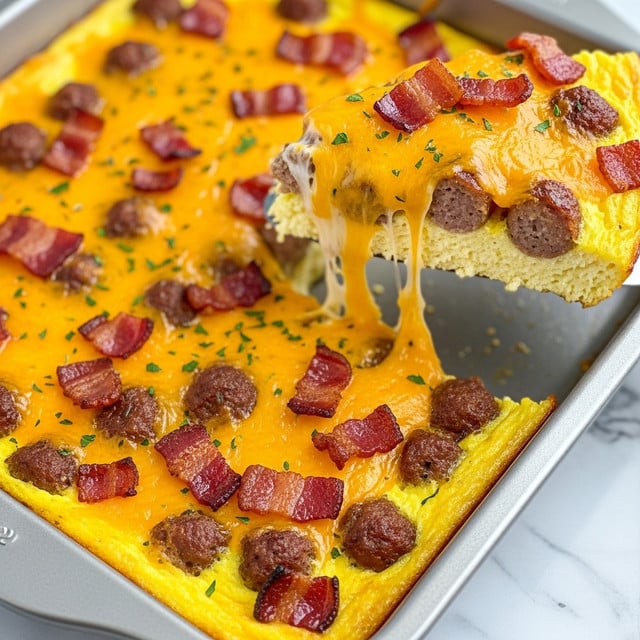 A close-up view of a baked casserole in a light gray baking pan filled with a mix of layers: the bottom is light and fluffy egg base with a slightly golden crust, topped with browned sausage pieces and crispy bacon bits scattered unevenly across. Bright orange melted cheddar cheese covers the top, melting stretchy cheese visible as a slice is lifted out with a spatula, with bits of green herbs sprinkled for color. The pan rests on a white marbled surface. photo taken with an iphone --ar 4:5 --v 7