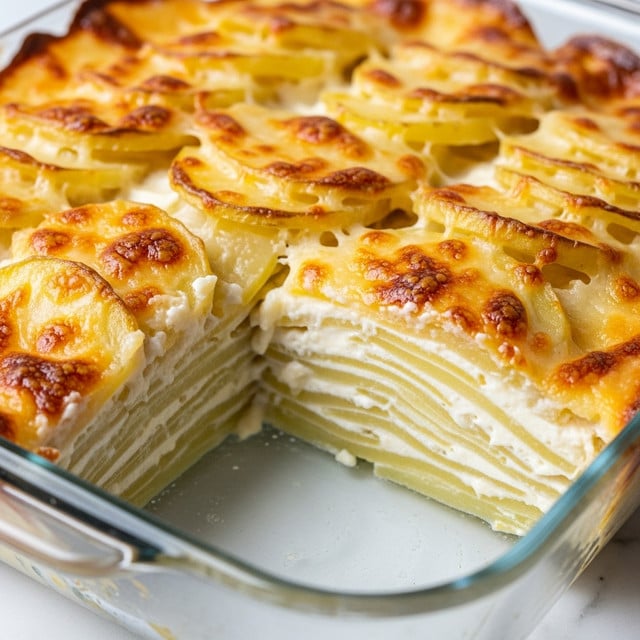 A close-up view of a potato gratin in a clear glass baking dish, showing several layers of thinly sliced pale yellow potatoes stacked evenly, mixed with creamy white sauce layers in between. The top has a golden-brown, bubbly, slightly crispy cheese crust with darker brown spots from baking. The dish is slightly scooped out from one corner, revealing the soft and tender potato layers inside. The dish sits on a white marbled surface with soft natural light highlighting the textures. Photo taken with an iphone --ar 4:5 --v 7