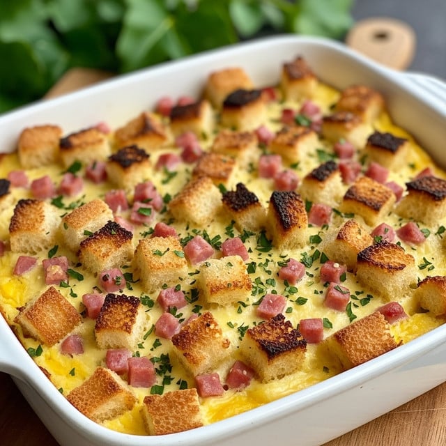 A white baking dish filled with a layered casserole consisting of a bottom creamy, yellow egg and cheese mixture, topped with golden-brown toasted bread cubes and pinkish ham chunks scattered evenly across the surface, all sprinkled with small green herbs. The dish is set on a wooden board with some fresh green leaves blurred in the background, adding a natural touch. The texture on top looks slightly crispy and browned, highlighting the toasted bread and melted cheese. Photo taken with an iphone --ar 4:5 --v 7