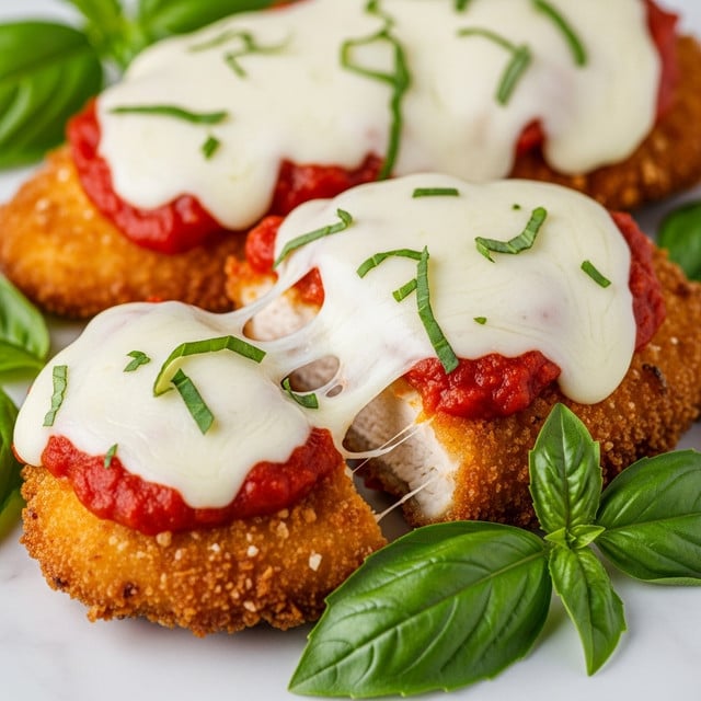 A close-up view of a crispy golden-brown breaded chicken cutlet topped with a thick layer of melted, stretchy white mozzarella cheese, covered partially by bright red marinara sauce, and sprinkled with small green herb pieces. The cheese is gooey, stretching slightly between pieces of chicken, showing the fresh texture. Around the chicken lies fresh green basil leaves adding a fresh touch. The whole dish is placed on a white marbled surface. photo taken with an iphone --ar 4:5 --v 7