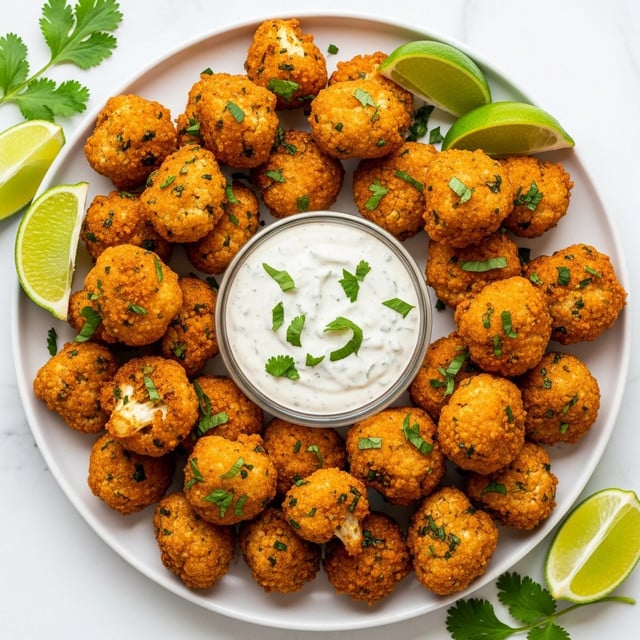 The image shows a white plate full of golden brown fried cauliflower bites with a crispy texture, scattered around a small glass bowl of creamy white dipping sauce topped with green herbs. The fried cauliflower pieces are unevenly shaped with visible cauliflower florets inside, and small green herb bits sprinkled over them. Fresh green lime wedges and cilantro leaves are placed around the edges of the plate, all set on a white marbled surface. photo taken with an iphone --ar 4:5 --v 7
