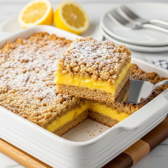 A close-up shows a baked lemon dessert in a white rectangular dish with a golden brown, crumbly top layer dusted lightly with powdered sugar. A metal spatula lifts a square piece, revealing three layers: a golden crumbly crust at the bottom, a thick glossy yellow lemon filling in the middle, and the browned crumbly topping on top. In the background, two halved lemons rest on a white plate, next to empty white plates with silver forks. The dish sits on a wooden board atop a white marbled surface. Photo taken with an iphone --ar 4:5 --v 7