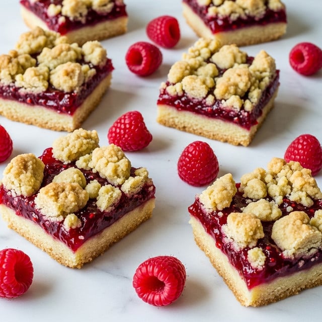 The image shows five square raspberry crumble bars placed on a white marbled surface, each with three layers: a light golden brown crust at the bottom, a thick, glossy red raspberry jam layer in the middle, and an uneven, crumbly, pale beige topping with small and large pieces scattered on top. Bright red fresh raspberries are placed around and between the bars, adding a pop of color. The bars are arranged in a casual, slightly scattered pattern. photo taken with an iphone --ar 4:5 --v 7