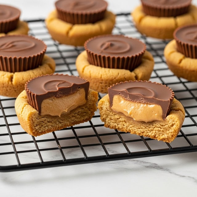 The image shows multiple small round cookie cups placed closely on a black wire cooling rack over a white marbled surface. Each cookie cup has a thick, light golden-brown outer layer with a soft and crumbly texture, acting as a shell. Inside each cookie cup, there is a dark milk chocolate peanut butter cup centered perfectly, with a smooth and shiny top and ridged edges. One cookie cup is cut in half to reveal three visible layers: the golden cookie shell on the outside, a solid chocolate layer beneath the top, and a dense peanut butter filling in the center with a creamy texture. The whole scene is bright and inviting. photo taken with an iphone --ar 4:5 --v 7