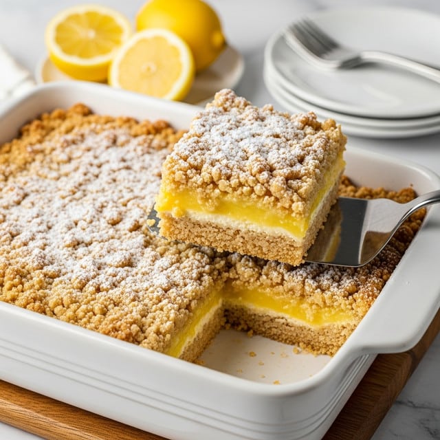 A rectangular white baking dish holds a golden-brown, slightly cracked baked dessert with visible soft, light cream patches on its surface. Some yellow spots peek through from underneath the crust, suggesting fruit or custard inside. The dish sits on a light wooden board placed on a white marbled surface. The top layer looks crisp and uneven, browned more on one side, giving it a rustic look. photo taken with an iphone --ar 4:5 --v 7
