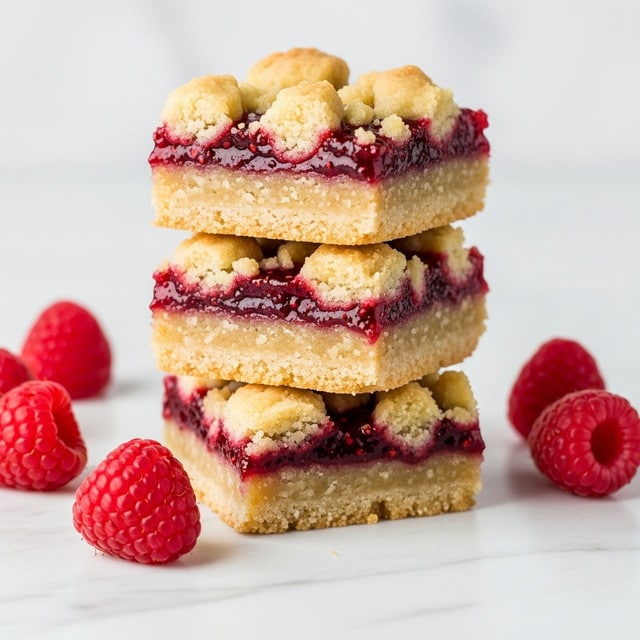 A stack of three square raspberry bars is shown on a white marbled surface. Each bar has three layers: a dense, pale golden base at the bottom, a thick, shiny deep red raspberry jam layer in the middle, and a crumbly, light golden streusel topping with uneven, soft chunks scattered on top. Around the stack, several bright red raspberries are placed, with one raspberry prominently positioned in front of the stack. The colors contrast well against the light background, highlighting the texture of the crumbly top and the glossy jam layer. photo taken with an iphone --ar 4:5 --v 7