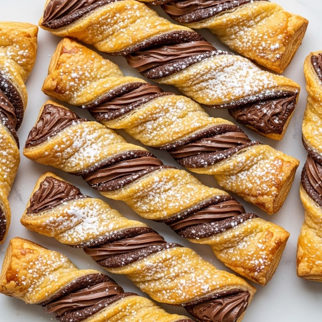 The image shows several twisted pastry sticks arranged closely on a white marbled surface. Each pastry consists of two distinct layers: a golden-brown baked puff pastry with a flaky, slightly shiny texture twisted together with a dark brown chocolate filling that appears creamy and smooth. The top of the pastries is dusted lightly with white powdered sugar, giving a soft, powdery look contrasting with the glossy pastry surface. The twists showcase a clear spiral pattern where the golden pastry and chocolate layers alternate throughout. Photo taken with an iphone --ar 4:5 --v 7