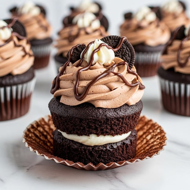 A close-up view of a chocolate cupcake with three distinct layers: the bottom layer is a dark, moist chocolate cake with a small hollow filled with white cream in the center; on top of the cake is a thick layer of smooth, light brown chocolate frosting, swirled generously; the frosting is decorated with small white dollops and pieces of crumbled chocolate cookies, all drizzled with thin lines of glossy chocolate sauce. The cupcake is partially unwrapped in a brown paper liner, and in the background, there are more similar cupcakes blurred on a white marbled surface. Photo taken with an iphone --ar 4:5 --v 7