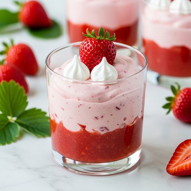 The image shows a clear glass filled with two layers: the bottom layer is a bright red, slightly chunky strawberry puree, and the top layer is a thick, pale pink creamy mousse with visible small strawberry bits mixed in. On top of the mousse layer, there is a whole fresh strawberry placed in the center with three small white meringue pieces next to it. The glass sits on a white marbled surface, and fresh strawberries and green leaves are scattered around it softly out of focus. In the background, two more glasses with the same layered dessert are slightly blurred. Photo taken with an iphone --ar 4:5 --v 7