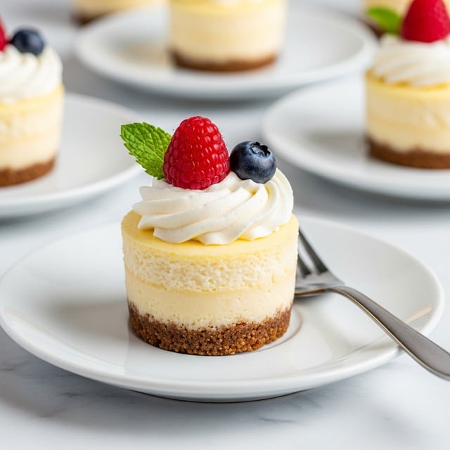 A small cheesecake cupcake sits on a white plate with three layers visible: a crumbly brown crust at the bottom, a thick, smooth pale yellow cheesecake layer in the middle, and a soft white swirl of whipped cream on top. The whipped cream is decorated with a bright red raspberry, a dark blue blueberry, and a small green mint leaf on the side. A silver fork lies on the right side of the plate, and in the blurred background are more cupcakes on white plates, all placed on a white marbled surface. photo taken with an iphone --ar 4:5 --v 7