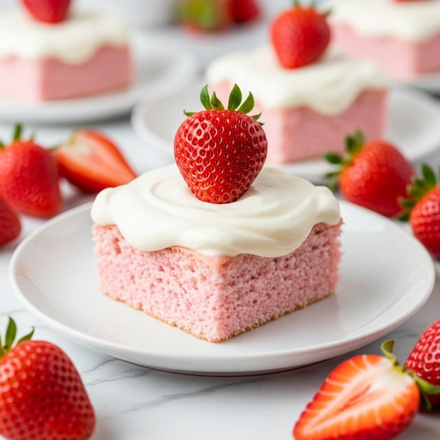 The image shows a single square piece of cake on a white plate, placed on a white marbled surface. The cake has three layers: the bottom layer is a light pink sponge with a soft and fluffy texture, the middle layer is absent or very thin, and the top layer is a thick white whipped cream with a smooth texture, topped with a fresh red strawberry in the center. The background includes other similar cakes slightly out of focus, and there is a woman's hand holding the edge of one cake in the background. Photo taken with an iphone --ar 4:5 --v 7