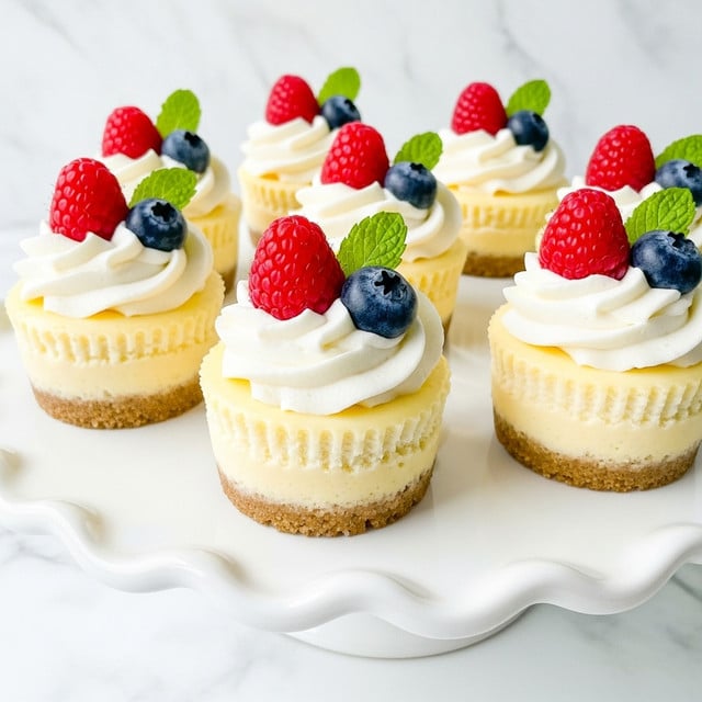 The image shows several mini cheesecakes in white cupcake liners, placed on a white cake stand with a scalloped edge. Each cheesecake has three layers: a bottom light brown crumbly crust, a thick pale yellow cheesecake layer, and a swirl of smooth white whipped cream on top. Each swirl is decorated with one bright red raspberry, one deep blue blueberry, and a small fresh green mint leaf. The background and surface are a white marbled texture, giving a clean and bright look. photo taken with an iphone --ar 4:5 --v 7