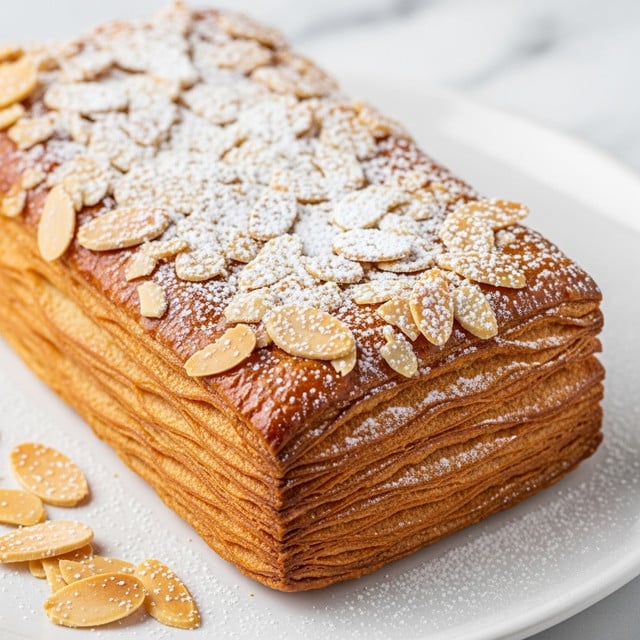 A close-up view of a golden-brown rectangular almond croissant with many flaky layers visible on the side and top. The top is covered with light tan sliced almonds and dusted with white powdered sugar, creating a soft contrast against the shiny, crispy pastry surface. A few sliced almonds and powdered sugar are scattered on the edge of a white plate, all set against a white marbled texture background. photo taken with an iphone --ar 4:5 --v 7