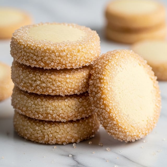 The image shows a stack of six round cookies with a golden brown color and a coarse sugar coating around their edges. Each cookie has a slightly cracked, smooth top with a light, slightly creamy center and a darker golden edge covered in sparkling sugar crystals. Two cookies lean against the stacked group on a white marbled surface, with more cookies blurred in the background placed on a metal cooling rack. photo taken with an iphone --ar 4:5 --v 7
