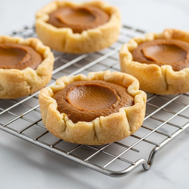 Four small pumpkin tarts are shown cooling on a metal wire rack placed on a white marbled surface. Each tart has a thick, flaky crust that is light golden brown and slightly uneven around the edges. The filling is a smooth, matte, deep orange-brown color with a firm texture, slightly sunken in the middle on some tarts. The crust rises above the filling, creating a clear, raised border. The image looks bright and clear with a close-up focus on the tart in the foreground. Photo taken with an iphone --ar 4:5 --v 7
