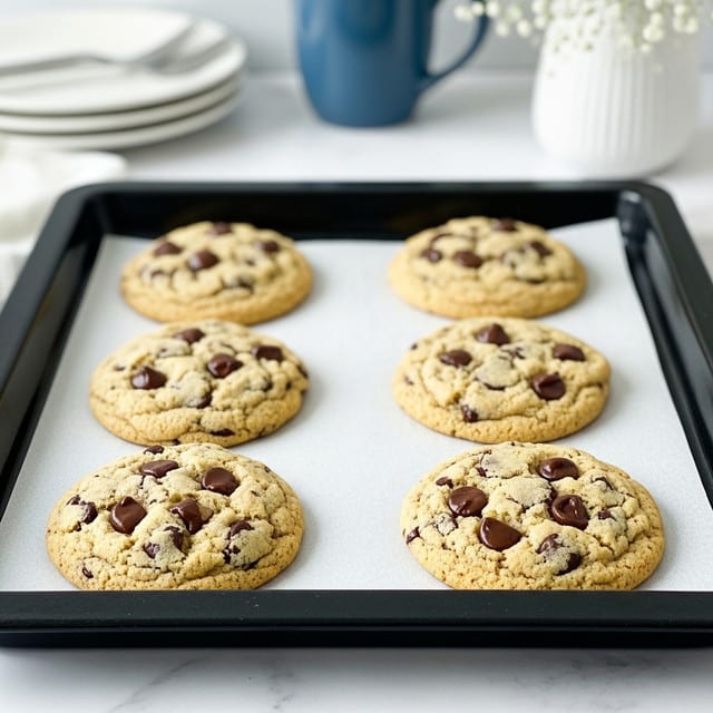A black baking tray holds six golden brown chocolate chip cookies arranged in two rows of three on white parchment paper. Each cookie is round and puffed, with a slightly cracked and crumbly texture on top, showing many dark chocolate chunks and chips scattered throughout the light-colored dough. The baking tray sits on a white marbled surface, with a stack of white plates and a blue mug blurred in the background, and a white vase with small white flowers to the side. photo taken with an iphone --ar 4:5 --v 7