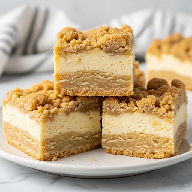 A stack of square dessert bars with three visible layers sits on a white plate. The bottom layer is dense and creamy pale yellow, the middle layer is smooth and slightly lighter yellow, and the top layer consists of golden-brown crumbly streusel. The bars have a soft, moist texture inside with a crunchy topping. The plate rests on a white marbled surface, and there is a piece of white and gray striped fabric in the blurry background. Photo taken with an iphone --ar 4:5 --v 7
