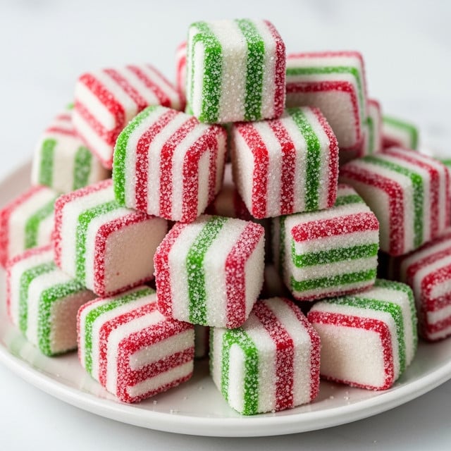 A white plate filled with small round candies, each candy has three main layers: a middle white base, a thick red layer on top with a slightly rough, sugary texture, and a thin green stripe sandwiched between the white and red parts. The candies are shiny with a dusting of sugar crystals that catch the light, giving a sparkling effect. The plate is held by a woman's hand, and the background shows soft natural light with a white marbled texture. photo taken with an iphone --ar 4:5 --v 7