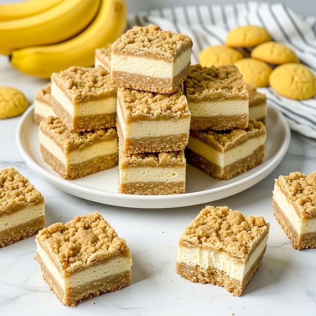 The image shows a round white plate filled with square dessert bars stacked in two layers. Each bar has three layers: a pale yellow creamy middle, a firmer light base, and a crumbly, light brown streusel topping. Some bars are placed beside the plate on a white marbled surface, with one bar broken open to show the soft texture inside. In the background, there is a bunch of bananas and a few round yellowish cookies near a striped cloth. Photo taken with an iphone --ar 4:5 --v 7