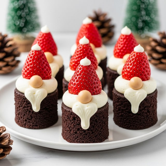 Small chocolate cake bases form the bottom layer, dark and moist in texture. On top of each base is a smooth, white cream layer, followed by a bright red strawberry placed upside down like a festive hat. Below the strawberry, a small round beige candy is placed to look like a nose, and beneath that is a white cream shaped like a beard hanging down the front side of the cake. The cakes are arranged neatly on a white plate, set on a white marbled surface with pine cones and small green frosted trees blurred in the background. photo taken with an iphone --ar 4:5 --v 7