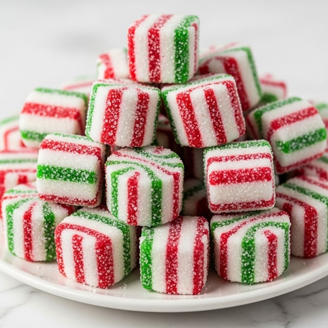 A pile of small, cube-shaped candies covered in sugar sits on a white plate. Each candy is mainly white with thick, swirled stripes of red and thinner lines of green wrapped around all sides. The surface of the candies looks slightly rough and sparkling from the sugar coating. The candies are stacked in a mound, filling most of the plate which rests on a white marbled surface. Photo taken with an iphone --ar 4:5 --v 7