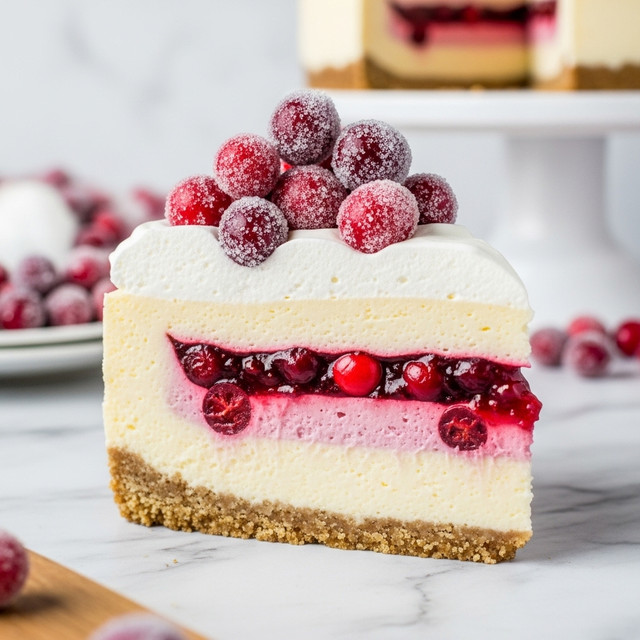 A slice of cheesecake with four layers: a crumbly light brown crust at the bottom, a thick pale yellow cream cheese layer above it, a red cranberry berry layer in the middle with visible whole berries, followed by a fluffy white whipped cream layer on top. On top of the whipped cream, there is a cluster of whole sugared red cranberries, some with a light sparkling sugar coating. The slice is on a wooden surface with a blurred white cake stand and more cheesecake in the background, all on a white marbled texture. Photo taken with an iphone --ar 4:5 --v 7