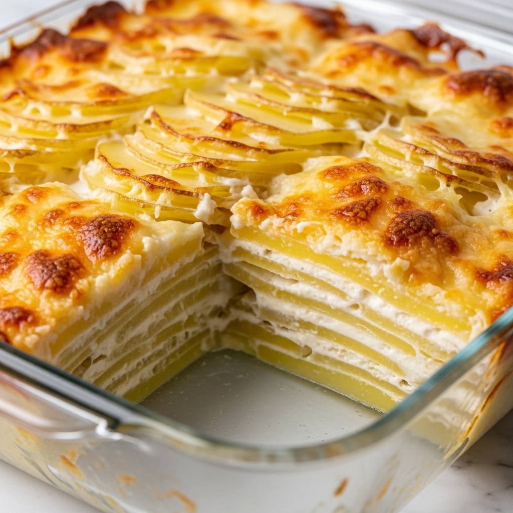 A close-up image of a baked macaroni and cheese dish in a clear glass baking dish, sitting on a white marbled surface. The top layer is a golden brown, crispy cheese crust with slightly darker toasted spots. Underneath the crust, there is a thick, creamy layer of elbow macaroni coated in a smooth and cheesy sauce with a pale yellow color. The dish has been cut to show the inside texture, revealing the soft pasta and cheese mix with a slightly gooey and rich appearance. Photo taken with an iphone --ar 4:5 --v 7