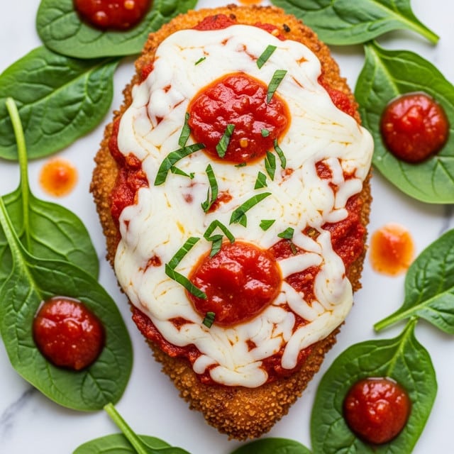 The image shows a crispy brown breaded chicken breast topped with a thick layer of melted white cheese mixed with bits of red tomato sauce, sprinkled with small pieces of green herbs on top. Over the cheese, there are dollops of bright red tomato sauce adding color contrast. Around the chicken, fresh green spinach leaves spread over a white marbled textured surface, with some extra tomato sauce spots adding to the detail. photo taken with an iphone --ar 4:5 --v 7