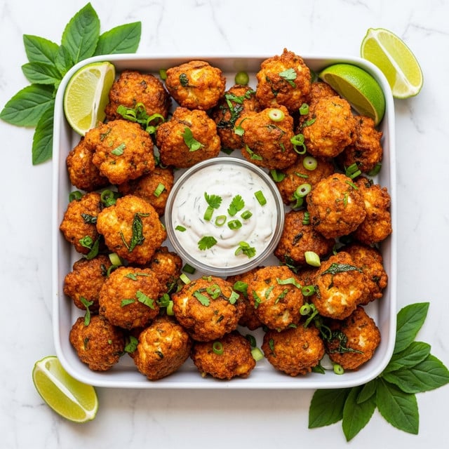 The image shows a white square tray filled with many crispy, golden-brown cauliflower fritters, each having a rough textured fried outer layer with some smooth patches where the cauliflower peeks through. The cauliflower pieces are irregular and vary slightly in size, ranging from small to medium. Scattered among the fritters are small green herbs and chopped green onions adding a fresh color contrast. In the center of the tray is a small round glass bowl filled with a creamy white dipping sauce topped with finely chopped green herbs. Around the tray are a few thick white wedges of lime and more green herb leaves, all set on a white marbled surface. photo taken with an iphone --ar 4:5 --v 7