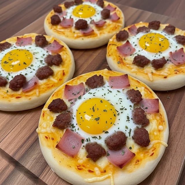The image shows four small round pizzas placed on a wooden board. Each pizza has a thick, light golden crust as the bottom layer. The next layer is melted yellow cheese covering the whole top. On the cheese, there are small pieces of cooked ham in pink, chunks of browned sausage, and bits of green herbs. Each pizza is topped with a whole sunny-side-up egg with a bright yellow yolk in the middle. The pizzas are arranged close to each other, and the wooden board has a warm brown color. photo taken with an iphone --ar 4:5 --v 7