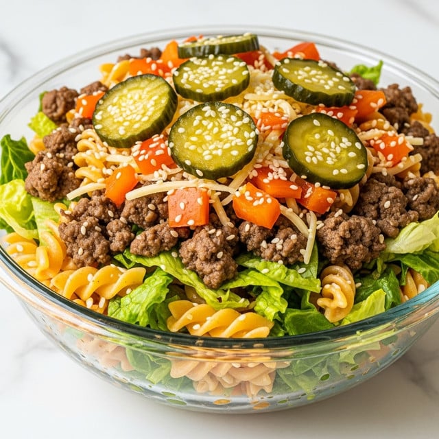 The image shows a close-up of a clear glass bowl filled with a colorful pasta salad. The bottom and middle layers consist of light orange rotini pasta mixed with small pieces of cooked ground beef in brown, bright green lettuce chunks, and diced orange bell peppers. Scattered on top are round dark green pickle slices with sesame seeds sprinkled over them. There are also small bits of shredded pale yellow cheese mixed throughout the salad. The bowl is placed on a white marbled surface. photo taken with an iphone --ar 4:5 --v 7
