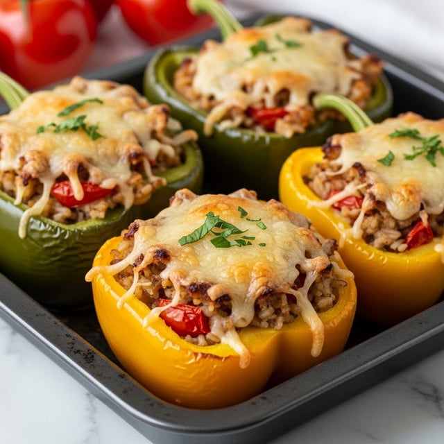The image shows a baking tray filled with four green bell peppers cut in half and stuffed with a mixture that includes rice and red bell pepper pieces. Each stuffed pepper is topped with a thick layer of melted cheese that is golden brown with some darker, crispy spots. The stuffing layer beneath the cheese looks grainy and cooked, with bits of white rice visible. Fresh chopped green herbs are sprinkled over the top of the cheese, adding a touch of color. The tray itself is black, and some bits of stuffing have spilled around the peppers, creating a textured background. The whole scene is close-up and detailed, highlighting the bubbling cheese and the vibrant colors of the peppers and herbs. Photo taken with an iphone --ar 4:5 --v 7