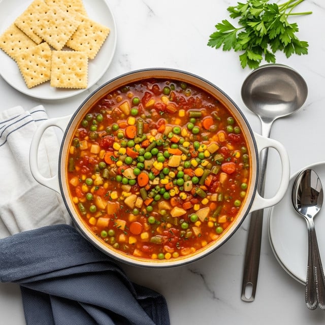 A white bowl filled with chunky vegetable soup sits centered on a white plate with a few saltine crackers on the side. The soup has multiple visible layers including a tomato-based red broth, green beans cut into pieces, diced orange carrots, yellow corn kernels, and light beige potato chunks, topped with small green herb sprinkles. The bowl rests on a white marbled surface with a silver spoon placed near it and salt and pepper shakers in the blurred background. photo taken with an iphone --ar 4:5 --v 7