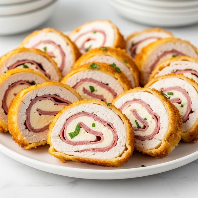 The image shows a white plate filled with sliced rolled chicken stuffed with layers of pink ham and creamy white cheese, coated in a golden brown crispy crust. Each slice reveals the spiral layers of tender chicken, melted cheese, and ham, topped with small bits of green herbs for added color. The plate rests on a white marbled surface, with slightly blurred dishes in the background for a soft effect. Photo taken with an iphone --ar 4:5 --v 7